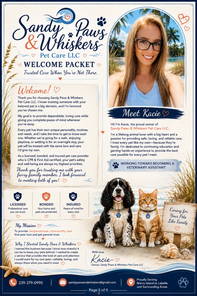 An introduction page on the Sandy Paws Welcome Packet. Kacie introduces herself and shares some information about Sandy Paws & Whiskers Pet Care