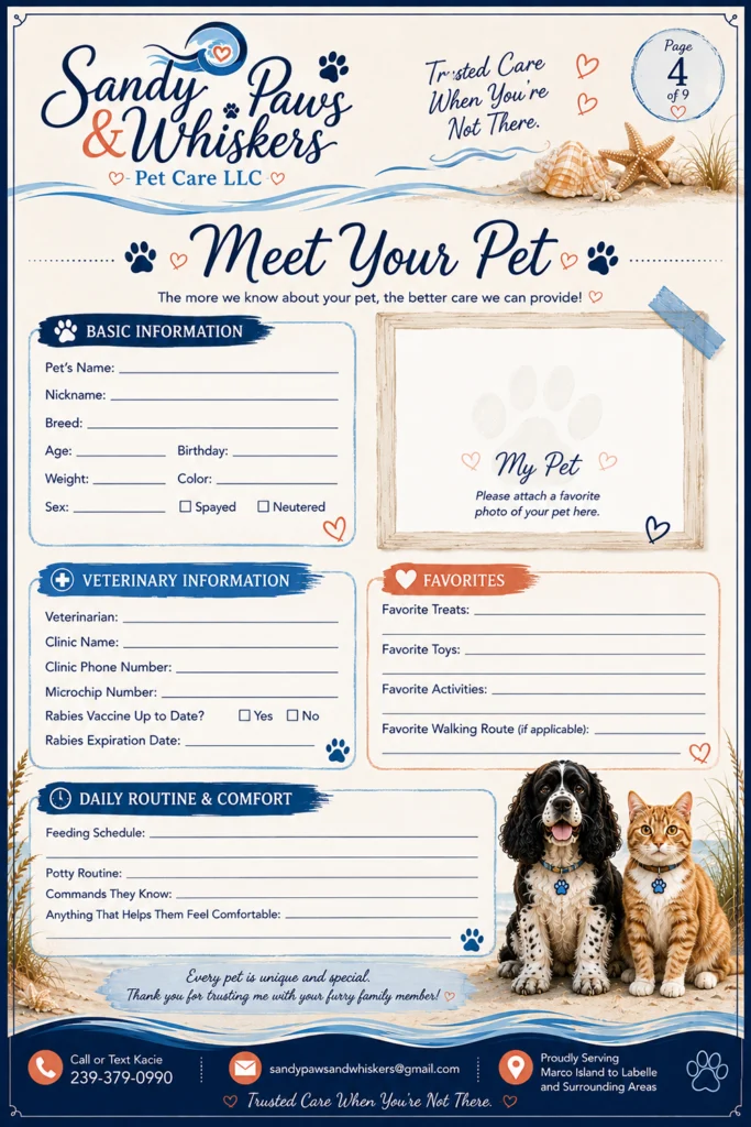 A sample sheet for Basic Pet Information on the Sandy Paws Welcome Packet. Request information like name, age, weight, a photo of them, daily routine, and other basic information about the pet.
