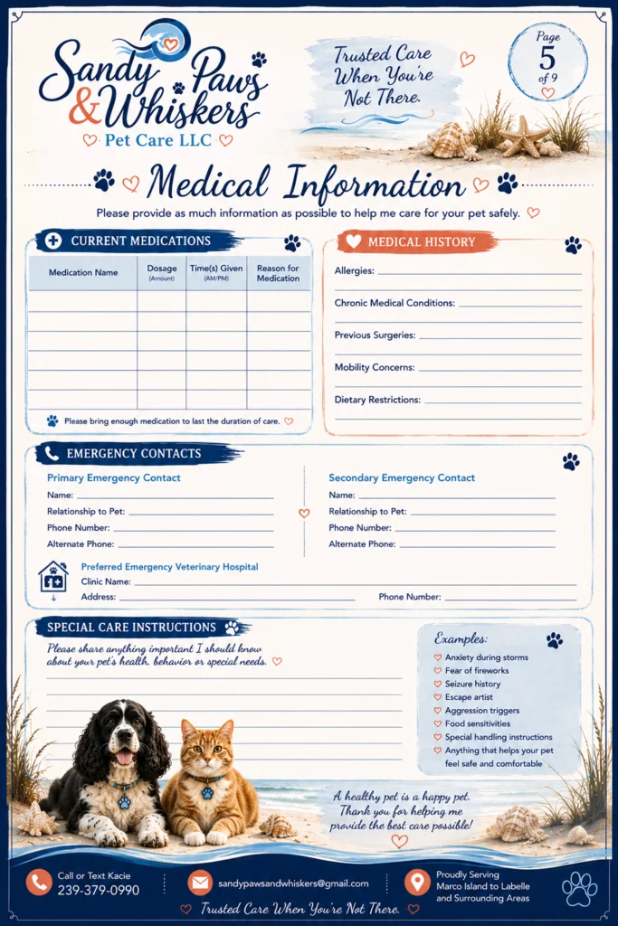 A sample sheet for Pet Medical Information on the Sandy Paws Welcome Packet. Request information like vet contact information, medical history, emergency care contacts, current medications, and other medical aspects of the pet.