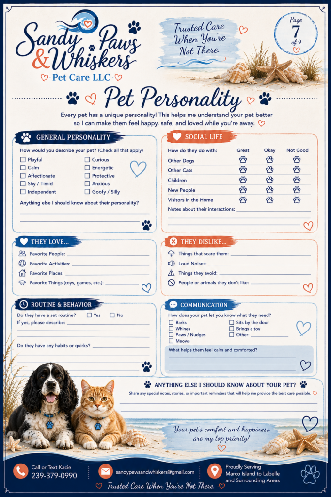 A sample sheet for Pet Personality Information on the Sandy Paws Welcome Packet. Request information like the energy level, social ability, likes and dislikes, how the pet communicates, and other personality aspects of the pet.