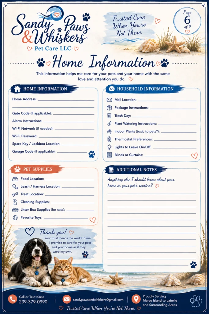 A sample sheet for Home Information on the Sandy Paws Welcome Packet. Request information like the pet's favorite spots, where food is located, garage or gate codes, and other pertinent home information.