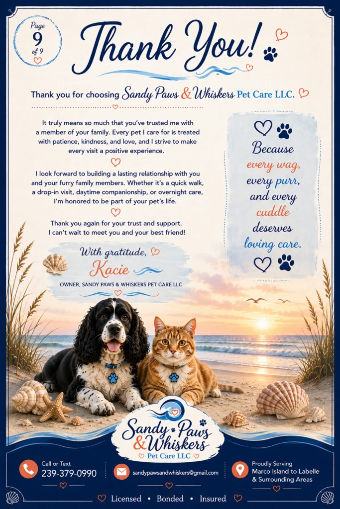 A Thank You page on the Welcome Packet from Sandy Paws.