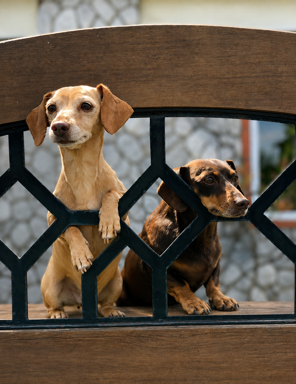Two puppies sitting on a bench on their owner's backyard