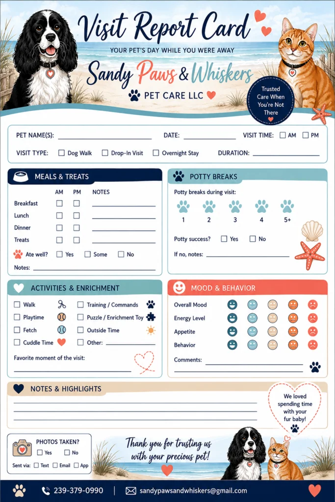 A sample of a 'Report Card' Sandy Paws provides after each visit, detailing how many potty breaks were provided each day, the pet's overall mood and appetite for the day, favorite moment of the visit, and other notes.